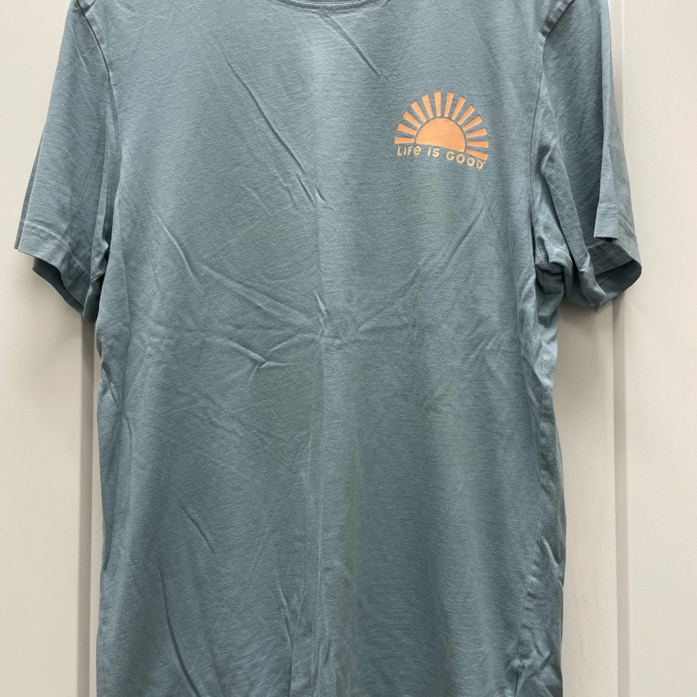 Life Is Good Men's Teal T-Shirt with Orange Sun Graphic